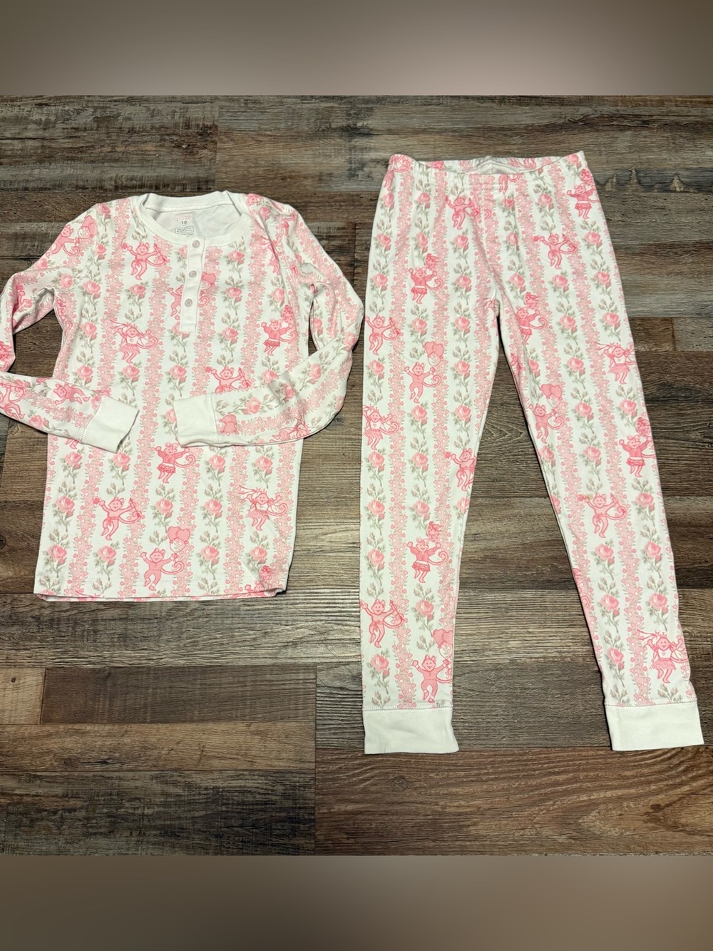 LoveShackFancy Roller Rabbit Cream & Pink Floral Monkey Henley Pajama Set EUC